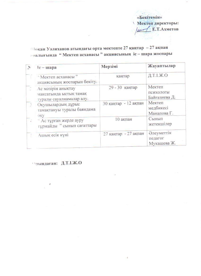 Мектептің 2019-2020 оқу жылында тегін ыстық тамақты ұйымдастыру туралы бұйрығы